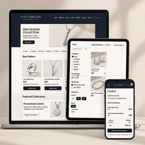 Könnte beinhalten: Ein Laptop, ein Tablet und ein Smartphone zeigen die Nova Threads Website für Silberschmuck. Die Bildschirme präsentieren Produktlisten für silberne Siegelringe, gedrehte Anhänger-Halsketten, Creolen und Figaro-Armbänder mit Preisen.