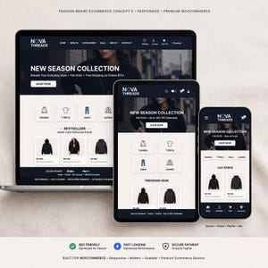 Pode incluir: Um design de site de comércio eletrônico responsivo para Nova Threads exibido em um laptop, tablet e smartphone. A interface apresenta um cabeçalho escuro, uma seção principal com um banner New Season Collection, ícones de categoria para moletons, camisetas, jeans e jaquetas, e uma seção de mais vendidos com imagens de produtos e preços.