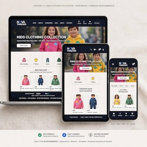 Może przedstawiać: Responsywny układ strony e-commerce dla Nova Threads wyświetlony na laptopie, tablecie i smartfonie. Interfejs prezentuje kolekcję odzieży dziecięcej z menu nawigacyjnym, kategoriami produktów, bestsellerami oraz ikonami bezpiecznych płatności.