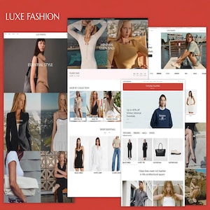 Könnte beinhalten: Eine digitale Collage einer Mode-Website-Oberfläche mit dem Titel LUXE FASHION, die mehrere Webseiten mit Bekleidungskollektionen, Models in verschiedenen Outfits, Produktkategorien und Werbetexten wie Essential Style und Flash Sale zeigt.
