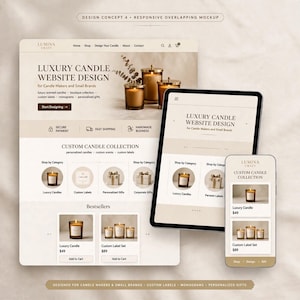 May include: A responsive website design mockup for Lumina Craft, displayed on a desktop monitor, tablet, and smartphone. The interface features a neutral beige color palette, candle product imagery, and text including Luxury Candle Website Design.