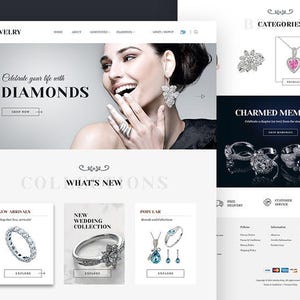 Może przedstawiać: Interfejs strony internetowej z biżuterią zawierający baner z tekstem Celebrate your life with DIAMONDS, różne kategorie produktów, sekcję zatytułowaną CHARMED MEMORIES wyświetlającą wiele pierścionków oraz sekcję WHAT'S NEW z pierścionkami i naszyjnikami.