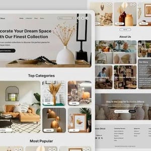 Könnte beinhalten: Eine Website-Oberfläche für Dream Decor mit einem Hero-Bereich, der eine weiße Vase mit getrockneten Pflanzen zeigt, sowie einem Navigationsmenü und einem Raster-Layout für Möbel-, Beleuchtungs- und Wohnkultur-Kategorien.