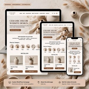 Op de afbeelding: Een laptop, tablet en smartphone tonen het websiteontwerp van Ceramic Decor. De interface heeft een neutraal kleurenpalet, productcategorieën voor vazen, plantenbakken en mokken, en een bestsellersectie met prijzen in dollars voor de items.