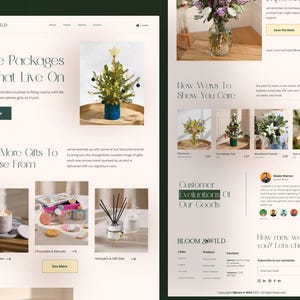 K&ouml;nnte beinhalten: Eine Webseite f&uuml;r Bloom & Wild mit einer &Uuml;berschrift mit dem Text Care Packages That Live On, einem kleinen Weihnachtsbaum in einem blauen Topf sowie Abschnitten f&uuml;r Kerzen, Diffusoren, Schokolade, Kekse und Geschenksets mit Produktbildern.