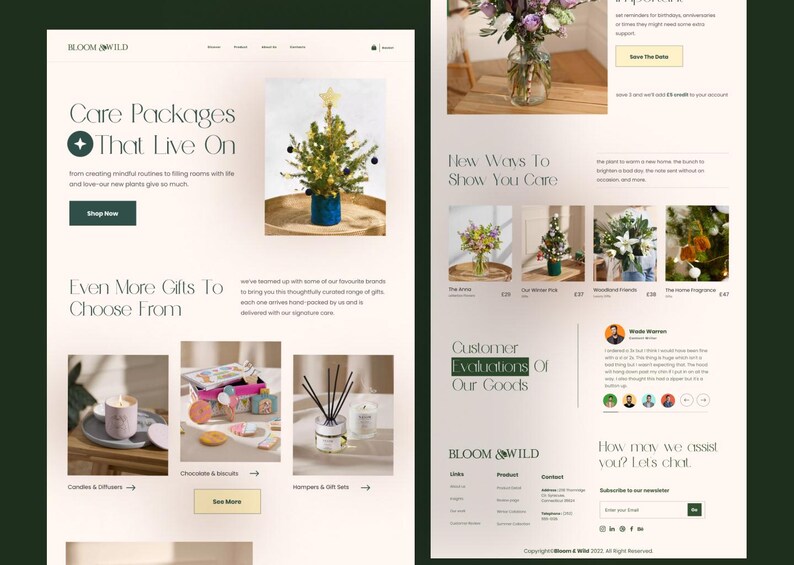 K&ouml;nnte beinhalten: Eine Webseite f&uuml;r Bloom & Wild mit einer &Uuml;berschrift mit dem Text Care Packages That Live On, einem kleinen Weihnachtsbaum in einem blauen Topf sowie Abschnitten f&uuml;r Kerzen, Diffusoren, Schokolade, Kekse und Geschenksets mit Produktbildern.