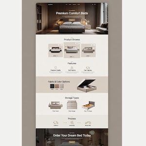 K&ouml;nnte beinhalten: Ein Website-Layout, das Premium-Komfortbetten pr&auml;sentiert. Die Seite zeigt Produktbeispiele, darunter Bettrahmen und Aufbewahrungsm&ouml;glichkeiten. Abschnitte heben Merkmale wie Premium-Qualit&auml;t, weiche Stoffe und schnelle Lieferung hervor. Farb- und Stoffoptionen werden ebenfalls pr&auml;sentiert.