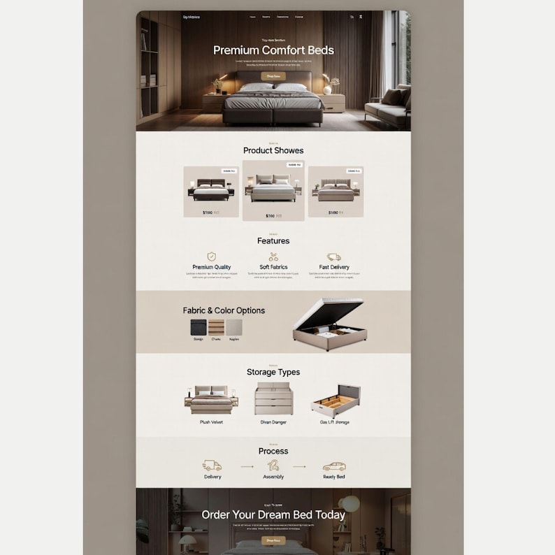 K&ouml;nnte beinhalten: Ein Website-Layout, das Premium-Komfortbetten pr&auml;sentiert. Die Seite zeigt Produktbeispiele, darunter Bettrahmen und Aufbewahrungsm&ouml;glichkeiten. Abschnitte heben Merkmale wie Premium-Qualit&auml;t, weiche Stoffe und schnelle Lieferung hervor. Farb- und Stoffoptionen werden ebenfalls pr&auml;sentiert.