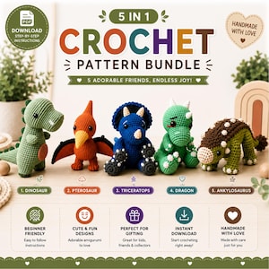 Puede incluir: Un paquete de 5 patrones de ganchillo con cinco dinosaurios amigurumi: un dinosaurio verde, un pterosaurio naranja, un triceratops azul, un dragón verde y un anquilosaurio verde. La descarga digital incluye instrucciones paso a paso.