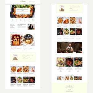 May include: A website layout for a food blog, "Eating Empire," with a light green and white color scheme. The homepage features recipe images, a chef's photo, and text including "Garlic Butter Shrimp and Broccoli Stir Fry."