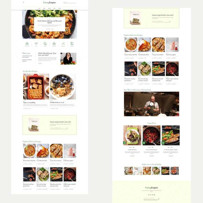 May include: A website layout for a food blog, "Eating Empire," with a light green and white color scheme. The homepage features recipe images, a chef's photo, and text including "Garlic Butter Shrimp and Broccoli Stir Fry."