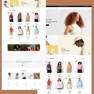K&ouml;nnte beinhalten: Eine E-Commerce-Website-Oberfl&auml;che, die eine Bekleidungskollektion mit verschiedenen Modellen in Oberteilen, Pullovern und Sweatshirts zeigt. Das Layout umfasst Produktraster, Werbebanner mit Text wie 'Blondes with minimalist' und Navigationsmen&uuml;s f&uuml;r einen Mode-Onlineshop.