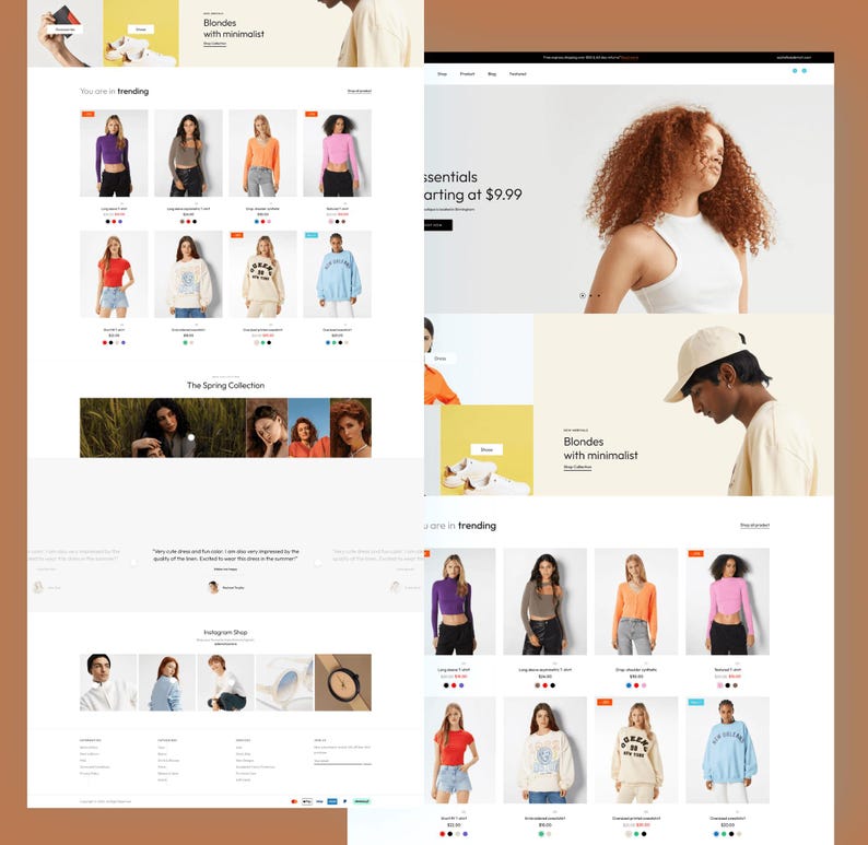 K&ouml;nnte beinhalten: Eine E-Commerce-Website-Oberfl&auml;che, die eine Bekleidungskollektion mit verschiedenen Modellen in Oberteilen, Pullovern und Sweatshirts zeigt. Das Layout umfasst Produktraster, Werbebanner mit Text wie 'Blondes with minimalist' und Navigationsmen&uuml;s f&uuml;r einen Mode-Onlineshop.