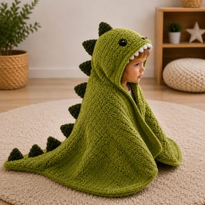 Op de afbeelding: Een groene gehaakte dinosaurus-deken met capuchon, voorzien van een textuurrijk lichaam, een rij donkergroene driehoekige stekels op de rug en een capuchon met witte tanden. De deken is gemaakt van garen met een zichtbaar breipatroon.
