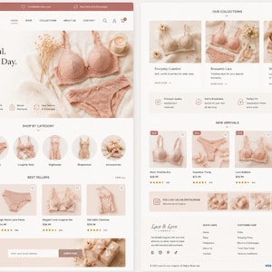 May include: A website design for a lingerie brand, using a soft, neutral colour scheme. The homepage displays a bra and panty set, with the text "Feel Beautiful. Every Single Day." Other sections show collections, new arrivals, and shop by category.