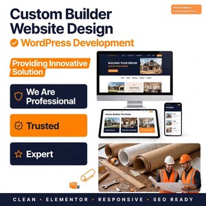 Könnte beinhalten: Eine digitale Marketinggrafik für Website-Design für Bauunternehmer und WordPress-Entwicklung. Sie zeigt einen Computermonitor, ein Tablet und ein Smartphone mit Bau-Websites sowie Baupläne, ein Lineal und zwei Bauarbeiter.