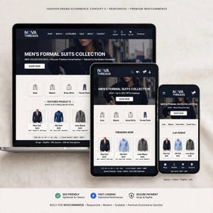 Może przedstawiać: Responsywny projekt strony internetowej e-commerce dla Nova Threads wyświetlany na laptopie, tablecie i smartfonie. Interfejs zawiera kolekcję garniturów wizytowych, menu nawigacyjne, kategorie produktów oraz wyróżnione artykuły z cenami.