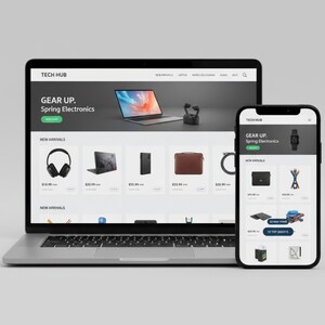 K&ouml;nnte beinhalten: Ein Laptop und ein Smartphone zeigen die Website "TECH HUB" mit dem Text "GEAR UP. Spring Electronics." Die Website pr&auml;sentiert Neuheiten, darunter Kopfh&ouml;rer, ein Laptop, eine Handyh&uuml;lle, eine braune Tasche und weitere Gadgets.