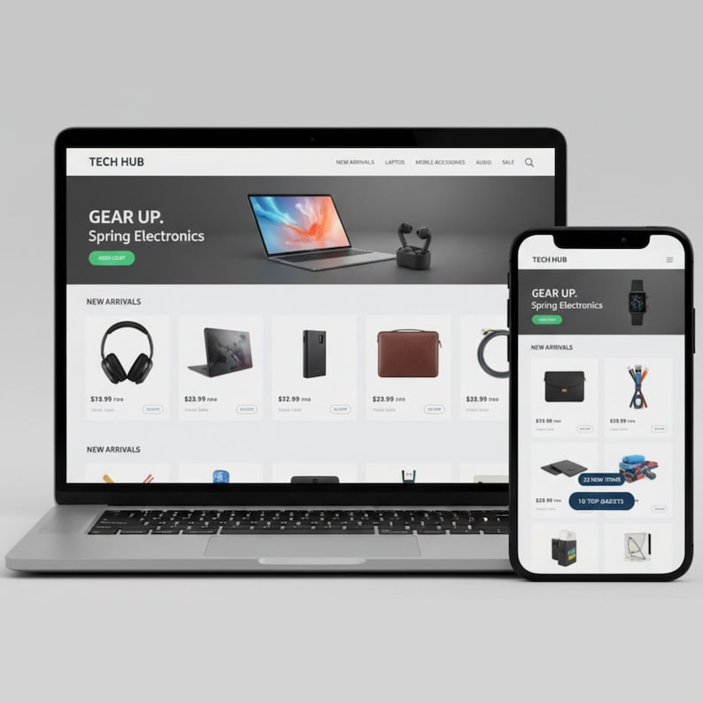 K&ouml;nnte beinhalten: Ein Laptop und ein Smartphone zeigen die Website "TECH HUB" mit dem Text "GEAR UP. Spring Electronics." Die Website pr&auml;sentiert Neuheiten, darunter Kopfh&ouml;rer, ein Laptop, eine Handyh&uuml;lle, eine braune Tasche und weitere Gadgets.
