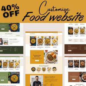 Puede incluir: Una plantilla digital para un sitio web de comida que presenta múltiples variaciones de diseño con imágenes de varios platos, etiquetas de texto y menús de navegación. El diseño utiliza una paleta de amarillo mostaza, verde oliva y blanco con el texto 40% OFF.