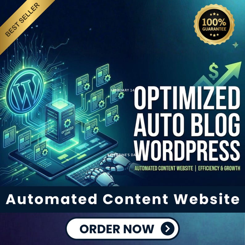May include: Digital graphic with the text "OPTIMIZED AUTO BLOG WORDPRESS" and "Automated Content Website". The image features a WordPress logo, a server, and a robotic hand interacting with a keyboard. A "Best Seller" banner is in the top left.