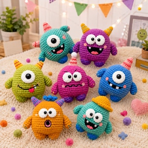 May include: Seven small, round, crocheted monster plush toys in various colours including teal, purple, lime green, magenta, blue, orange, and light green. Each monster features unique details like horns, hats, one or two eyes, and stitched mouths.