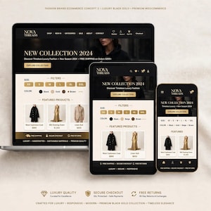 Op de afbeelding: Een digitaal interface-ontwerp voor Nova Threads weergegeven op een laptop, tablet en smartphone. De zwart-gouden lay-out bevat een banner voor de nieuwe collectie 2024, productfilters voor maat en kleur, en uitgelichte artikelen.