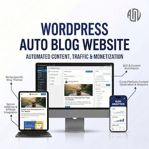Op de afbeelding: Promotionele afbeelding voor een WordPress auto blog website. De afbeelding toont een desktopcomputer, tablet en smartphone met websitefuncties. Tekst bevat "Geautomatiseerde content, verkeer en monetisatie."