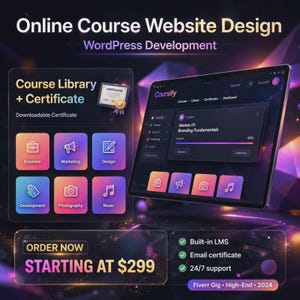 Könnte beinhalten: Eine digitale Anzeige, die das Design einer Online-Kurs-Website mit WordPress-Entwicklung zeigt. Die Benutzeroberfläche umfasst eine Kursbibliothek, Zertifikatsoptionen und einen Tablet-Bildschirm, der eine Lektion zu Branding-Grundlagen anzeigt.