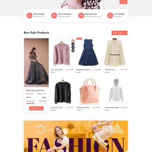Könnte beinhalten: Eine Shoppable E-Commerce-Landingpage mit einem New Summer Collection-Banner, Produktkategorien, verschiedenen Kleidungsstücken wie Kleidern und Pullovern, einem Countdown-Timer für Angebote, Kundenbewertungen und einem Newsletter-Bereich.