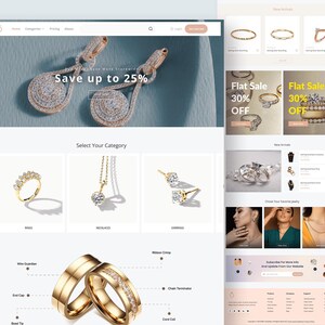 K&ouml;nnte beinhalten: Eine Website-Oberfl&auml;che f&uuml;r ein Schmuckgesch&auml;ft mit einem Banner f&uuml;r Diamantohrringe, einem Bereich zur Auswahl von Kategorien f&uuml;r Ringe, Halsketten und Ohrringe sowie einem technischen Diagramm von goldenen Eheringen mit Beschriftungen.