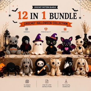 Könnte beinhalten: Ein 12-in-1 Häkelmuster-Set mit einer Halloween-Kollektion aus 12 gehäkelten Figuren, darunter ein Bär, eine Krähe, ein Geist, eine Katze, eine Fledermaus, eine Voodoo-Puppe, eine Spinne, ein Hund, ein Sensenmann, eine Katze, ein Pestdoktor und ein Hase.