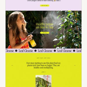 Op de afbeelding: Een website-interface voor Happy Happy Houseplant met productvermeldingen voor plantenvoeding, rouwvliegjesdruppels, hydratatievernieuwing en bodemverversing, naast promotionele tekst, plantverzorgingsbeelden en Science + Magic.