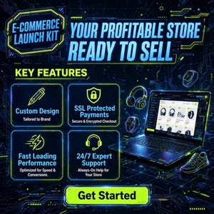 May include: A digital graphic titled E-Commerce Launch Kit Your Profitable Store Ready To Sell. It features a laptop displaying an online store, headphones, a smartwatch, and a trainer. Four boxes list features: Custom Design, SSL Protected Payments, Fast Loading Performance, and 24/7 Expert Support, with a Get Started button.