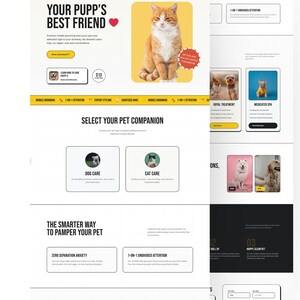 K&ouml;nnte beinhalten: Eine Website-Landingpage f&uuml;r den mobilen Tierpflegedienst Pupp's mit einer roten Katze auf gelbem Hintergrund, Text mit der Aufschrift Your Pupp's Best Friend, Select Your Pet Companion sowie Abschnitte f&uuml;r Hunde- und Katzenpflege und Kollektionen.