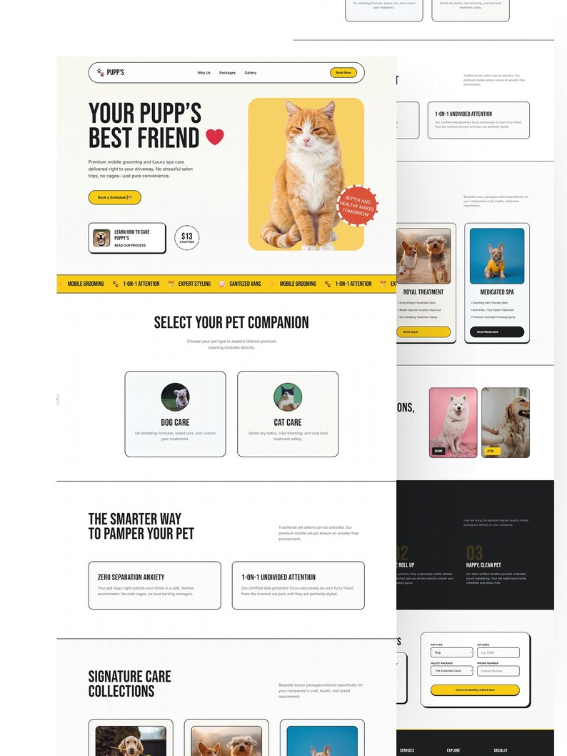 K&ouml;nnte beinhalten: Eine Website-Landingpage f&uuml;r den mobilen Tierpflegedienst Pupp's mit einer roten Katze auf gelbem Hintergrund, Text mit der Aufschrift Your Pupp's Best Friend, Select Your Pet Companion sowie Abschnitte f&uuml;r Hunde- und Katzenpflege und Kollektionen.