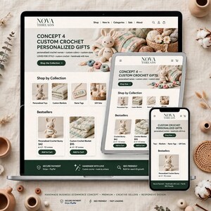 Pode incluir: Um portátil, um tablet e um smartphone exibem o site de comércio eletrónico Nova Threads. Os ecrãs mostram presentes de crochet personalizados, incluindo um coelho, mantas e etiquetas, com menus de navegação e listas de produtos.