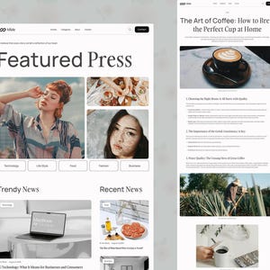 K&ouml;nnte beinhalten: Ein digitales Website-Interface-Layout mit dem Titel Featured Press, das ein Raster aus Bildern zeigt, darunter eine Person in einem gemusterten Hemd, eine Nahaufnahme eines Gesichts, einen Laptop und Lebensmittel, neben einem Blogbeitrag namens The Art of Coffee.