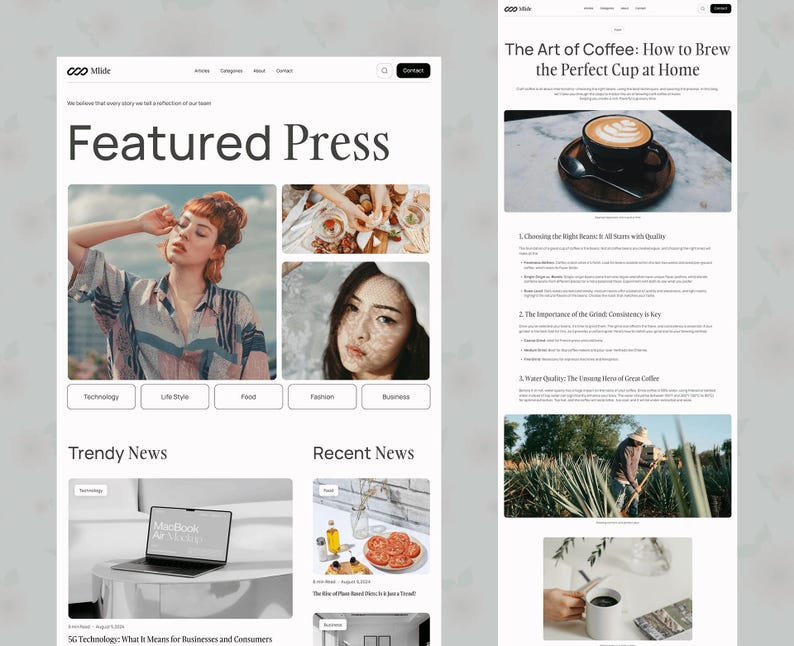 K&ouml;nnte beinhalten: Ein digitales Website-Interface-Layout mit dem Titel Featured Press, das ein Raster aus Bildern zeigt, darunter eine Person in einem gemusterten Hemd, eine Nahaufnahme eines Gesichts, einen Laptop und Lebensmittel, neben einem Blogbeitrag namens The Art of Coffee.