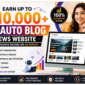 May include: Promotional image for an AI auto blog news website, with a woman smiling next to a computer screen. Text includes "Earn up to £7,800+" and "100% Automated System". The screen shows a website.