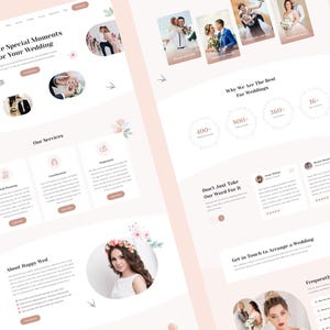 K&ouml;nnte beinhalten: Eine Website-Landingpage f&uuml;r Happy Wed mit einem hellrosa Farbschema, Hochzeitsfotografien, Leistungsbeschreibungen f&uuml;r Planung und Koordination, Kundenbewertungen und einem Bereich f&uuml;r h&auml;ufig gestellte Fragen mit floralen Akzenten.