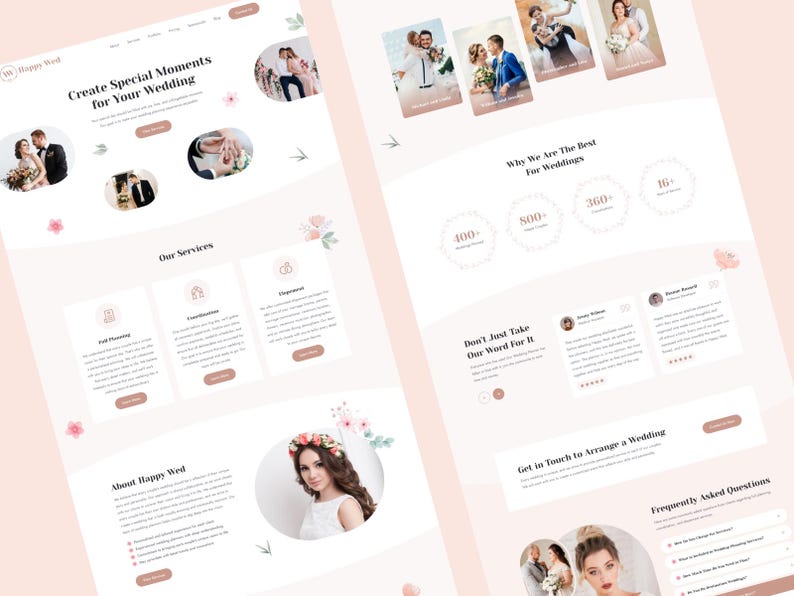 K&ouml;nnte beinhalten: Eine Website-Landingpage f&uuml;r Happy Wed mit einem hellrosa Farbschema, Hochzeitsfotografien, Leistungsbeschreibungen f&uuml;r Planung und Koordination, Kundenbewertungen und einem Bereich f&uuml;r h&auml;ufig gestellte Fragen mit floralen Akzenten.