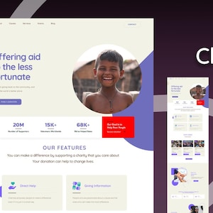 Könnte beinhalten: Ein Website-Interface-Design für yes Charity mit hellcremefarbenem Hintergrund und violetten Akzenten. Das Layout enthält ein kreisförmiges Foto eines lächelnden Kindes, den Text Offering aid to the less fortunate und Statistiken mit 20M, 15K+ und 68K+.