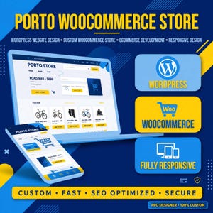 Könnte beinhalten: Eine digitale Werbegrafik für Porto WooCommerce Store mit einem Laptop und Smartphone, die eine Website-Oberfläche zeigen. Das Bild enthält Textbeschriftungen für WordPress, WooCommerce und responsives Design auf blauem Grund.