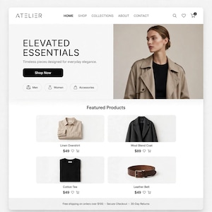 Könnte beinhalten: Eine Website-Oberfläche für Atelier mit einem beigen Trenchcoat, einem hellbraunen Leinen-Overshirt, einem dunkelgrauen Wollmantel, einem schwarzen Baumwoll-T-Shirt und einem braunen Ledergürtel. Die Seite enthält Navigationsmenüs und Produktlisten.