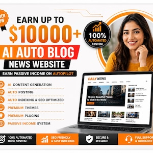 May include: An advertisement promoting an AI auto blog news website. The image features a laptop displaying a news website, a woman smiling, and text that reads "Earn up to $10000+" and "Earn passive income on autopilot."