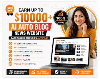 Könnte beinhalten: Werbung für eine KI-Auto-Blog-Nachrichten-Website. Das Bild zeigt einen Laptop mit einer Nachrichten-Website, eine lächelnde Frau und Text mit der Aufschrift "Verdienen Sie bis zu 10.000 €+" und "Verdienen Sie passives Einkommen im Autopiloten."