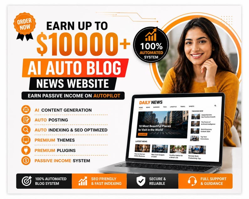 May include: An advertisement promoting an AI auto blog news website. The image features a laptop displaying a news website, a woman smiling, and text that reads "Earn up to $10000+" and "Earn passive income on autopilot."