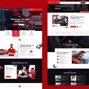 K&ouml;nnte beinhalten: Ein Website-Layout f&uuml;r einen Autoservice namens Carvelly in roter und wei&szlig;er Farbgebung. Das Design umfasst Bereiche f&uuml;r Autow&auml;sche, Motorcheck, Technikerprofile und Leistungsbeschreibungen mit Bildern von Mechanikern bei der Arbeit.