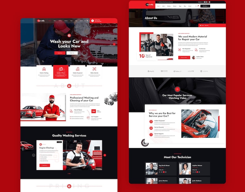 K&ouml;nnte beinhalten: Ein Website-Layout f&uuml;r einen Autoservice namens Carvelly in roter und wei&szlig;er Farbgebung. Das Design umfasst Bereiche f&uuml;r Autow&auml;sche, Motorcheck, Technikerprofile und Leistungsbeschreibungen mit Bildern von Mechanikern bei der Arbeit.